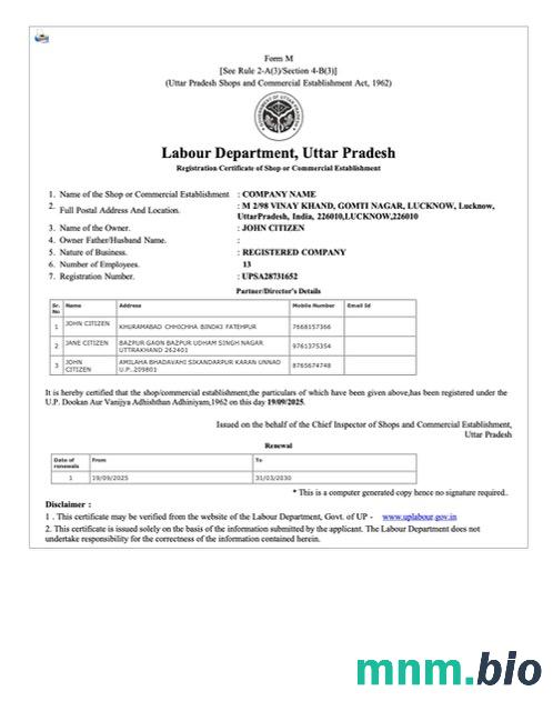 Indie Uttar Pradesh świadectwo rejestracji sklepu lub obiektu handlowego Word i PDF szablon